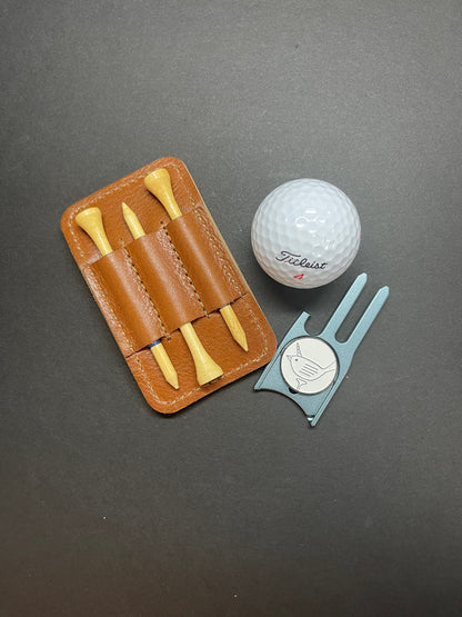 Handmade Brown Leather Divot Tool and Golf Tee Holder