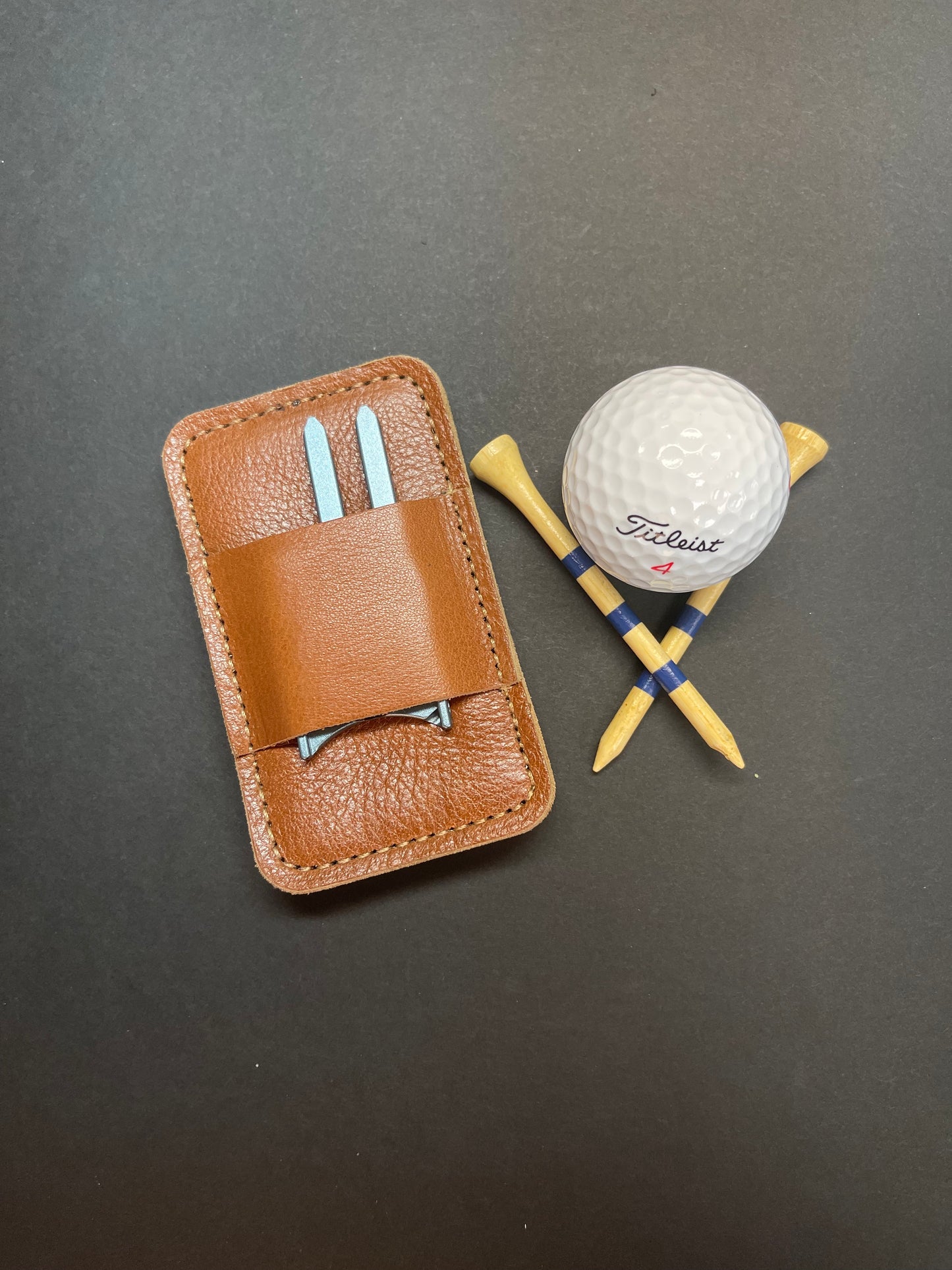 Handmade Brown Leather Divot Tool and Golf Tee Holder